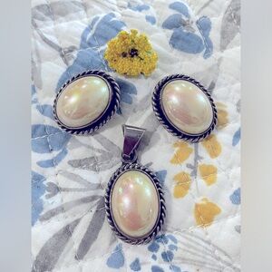 Gorgeous Set of Earrings and Pendant 925 Sterling Silver and Faux Pearl